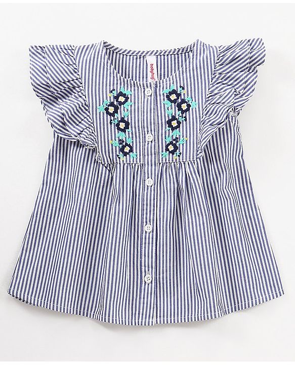 Babyhug 100% Cotton Frill Sleeves Top & Leggings Set Floral Print & Embroidery- Blue