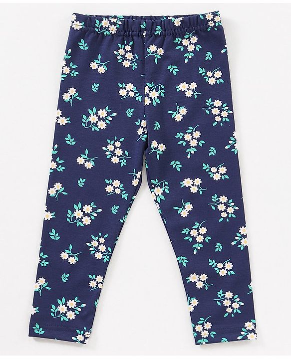Babyhug 100% Cotton Frill Sleeves Top & Leggings Set Floral Print & Embroidery- Blue