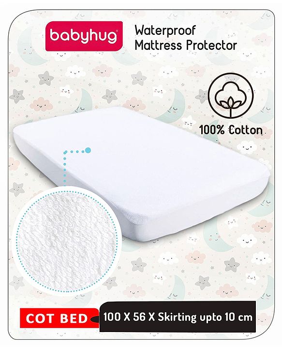 Babyhug Waterproof 100% Terry Cotton Breathable Fitted Mattress Protector Cover- White