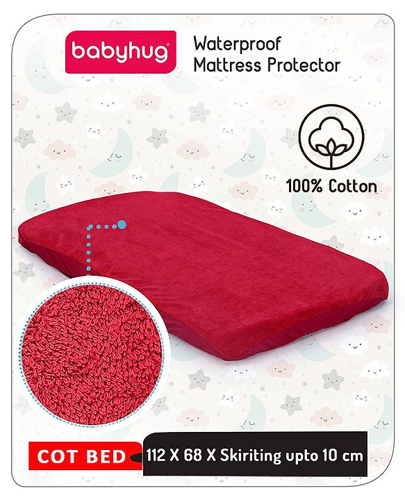 Babyhug Waterproof 100% Terry Cotton Breathable Fitted Mattress Protector Cover- Maroon