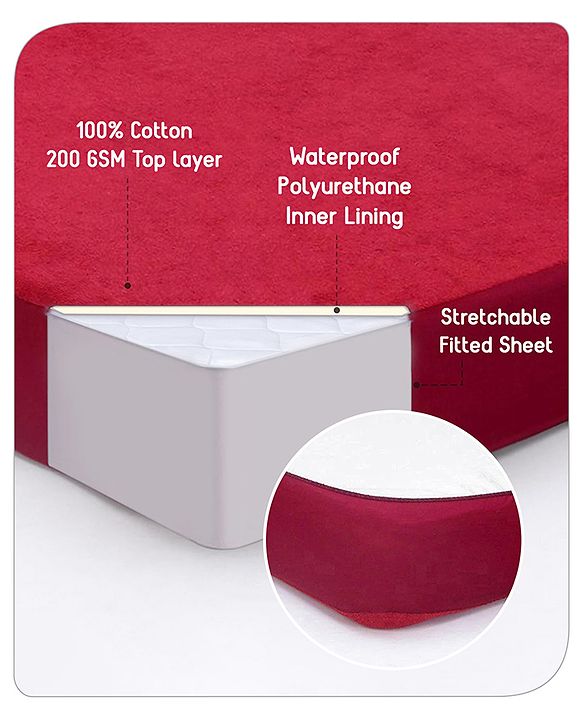 Babyhug Waterproof 100% Terry Cotton Breathable Fitted Mattress Protector Cover- Maroon