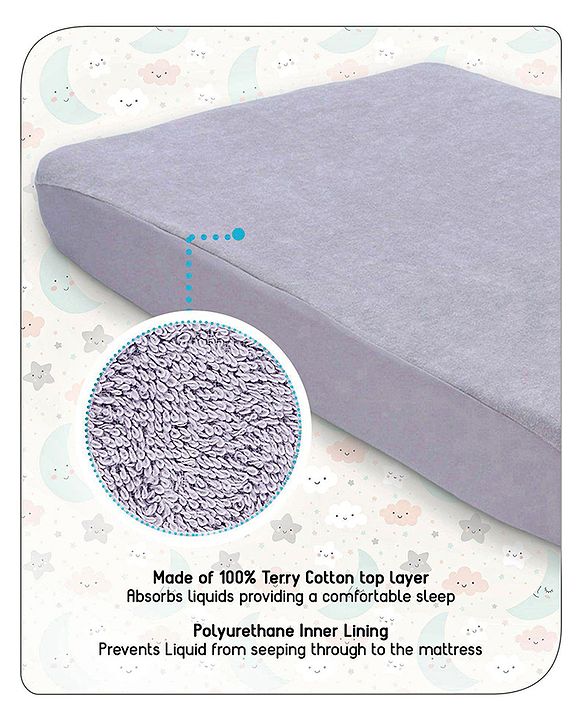 Babyhug Waterproof 100% Terry Cotton Breathable Fitted Mattress Protector Cover- Grey