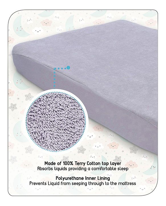 Babyhug Waterproof 100% Terry Cotton Breathable Fitted Mattress Protector Cover- Grey