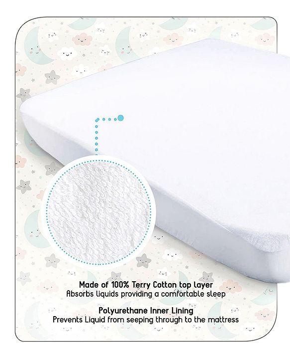 Babyhug Waterproof 100% Terry Cotton Breathable Fitted Mattress Protector Cover- White
