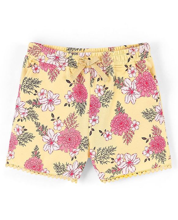 Pine Kids 100% Cotton Knit Mid Thigh Length Shorts Floral Printed - Yellow