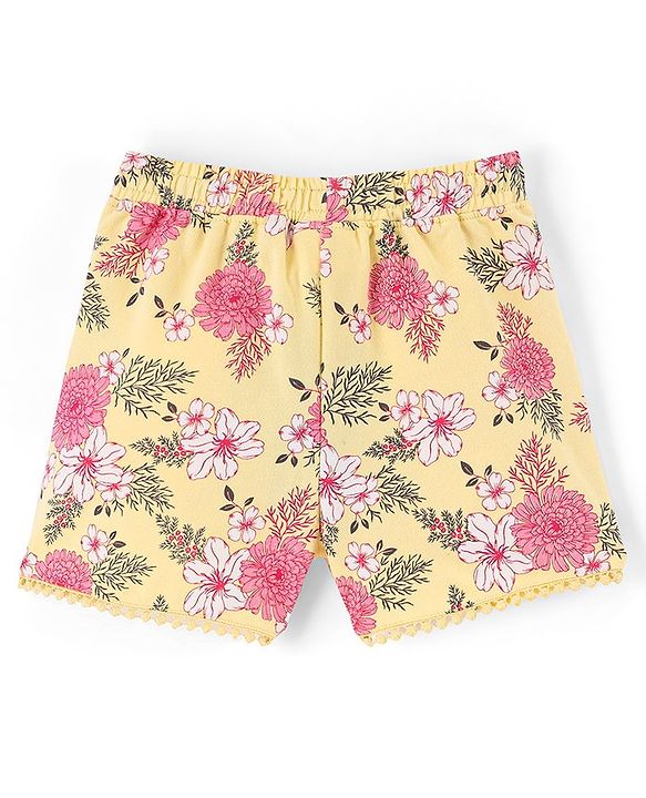 Pine Kids 100% Cotton Knit Mid Thigh Length Shorts Floral Printed - Yellow