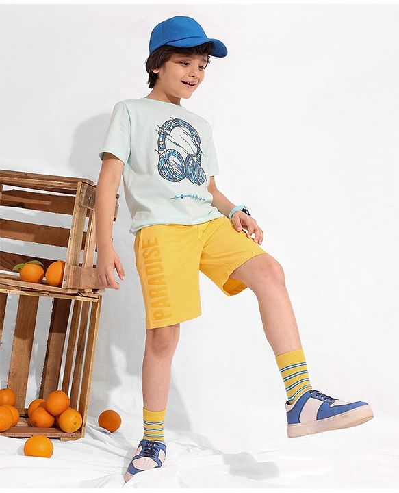 Pine Kids Cotton Knit Knee Length Shorts Paradise Print - Yellow