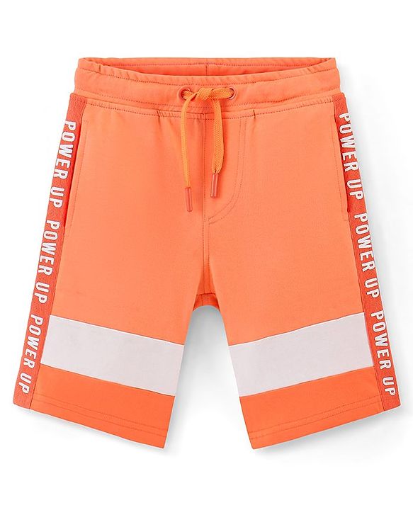 Pine Kids Cotton Knit Knee Length Cut and Sew Power Up Text Print Shorts - Orange