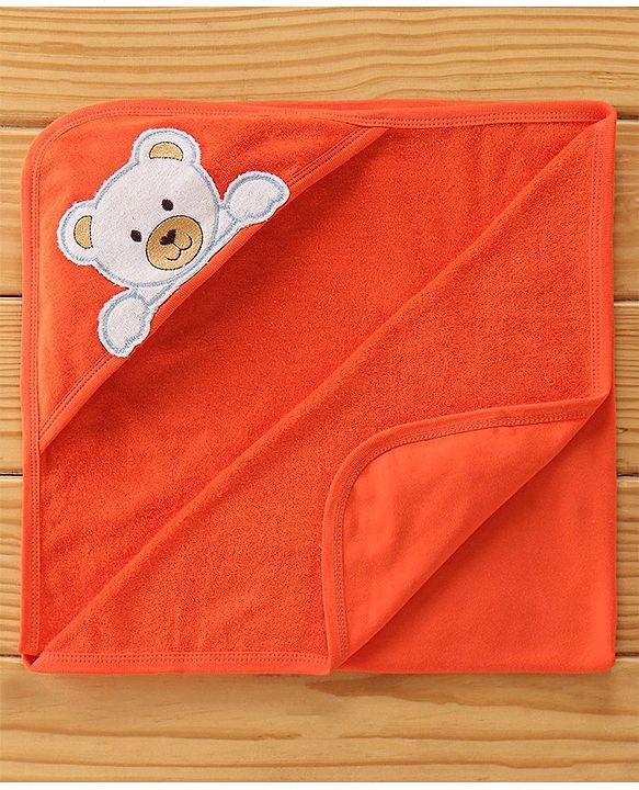 Babyhug Terry Cotton Knit Hooded Towel Teddy Applique - Orange