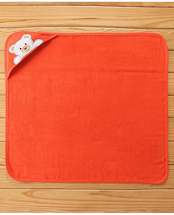 Babyhug Terry Cotton Knit Hooded Towel Teddy Applique - Orange