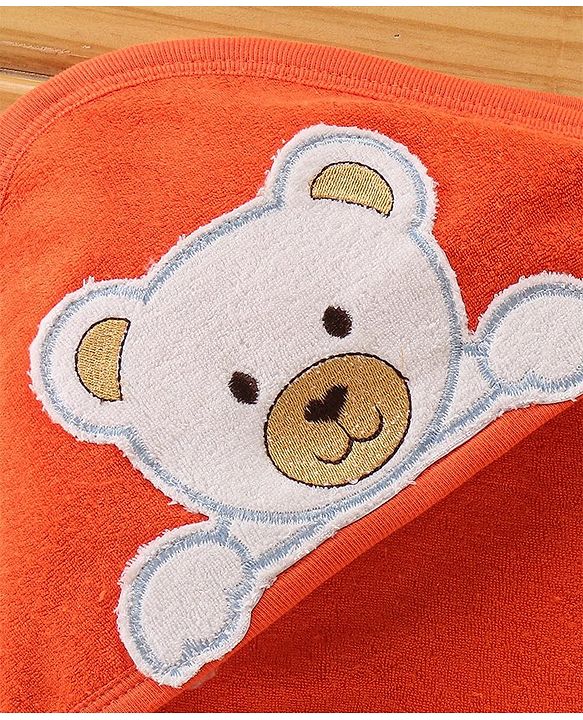 Babyhug Terry Cotton Knit Hooded Towel Teddy Applique - Orange
