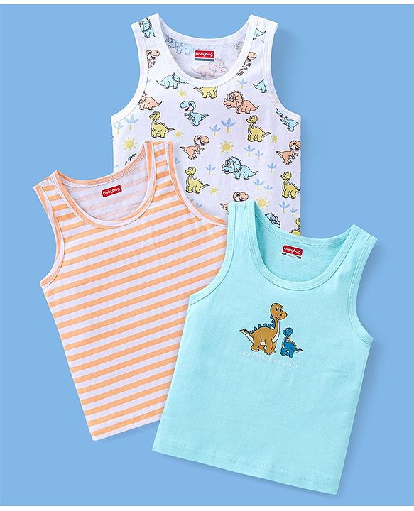 Babyhug 100% Cotton Sleeveless Sando Striped & Dino Print Pack of 3 - Orange White & Blue