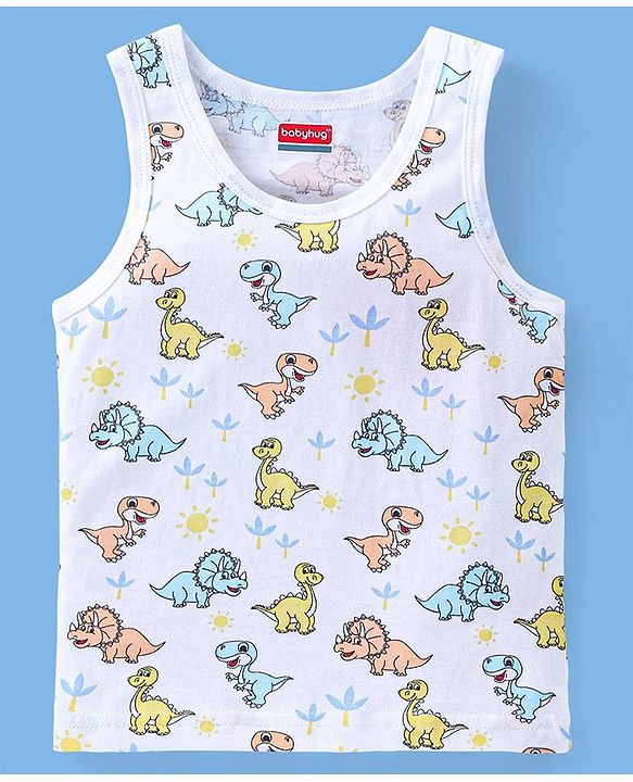 Babyhug 100% Cotton Sleeveless Sando Striped & Dino Print Pack of 3 - Orange White & Blue