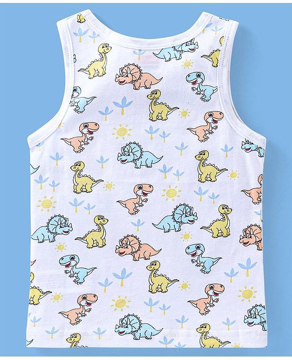 Babyhug 100% Cotton Sleeveless Sando Striped & Dino Print Pack of 3 - Orange White & Blue