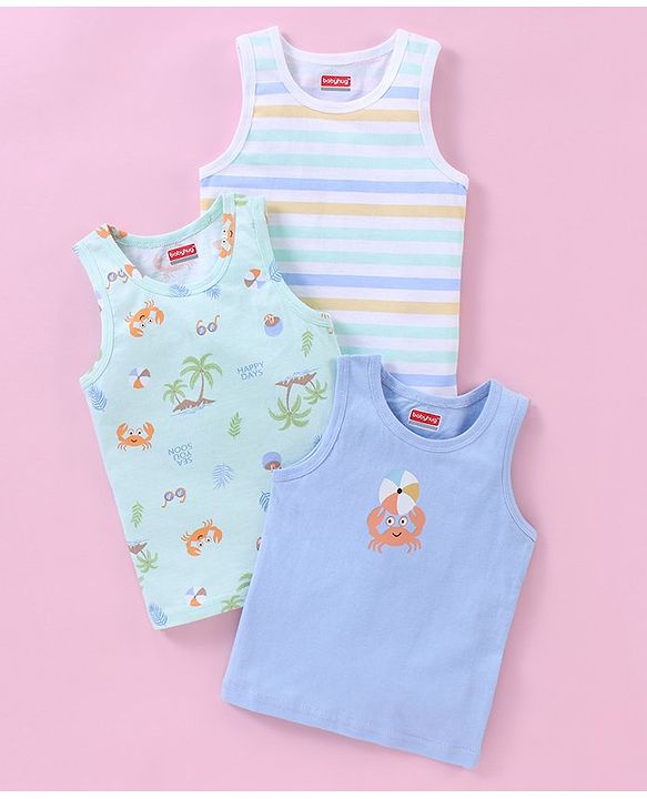 Babyhug 100% Cotton Sleeveless Sando Striped & Beach Print Pack of 3 - Blue