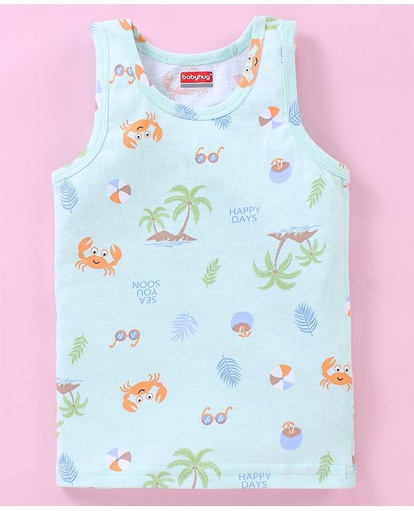 Babyhug 100% Cotton Sleeveless Sando Striped & Beach Print Pack of 3 - Blue