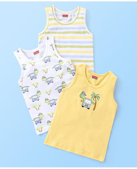 Babyhug 100% Cotton Sleeveless Sando Striped & Dino Print Pack of 3 - Yellow White & Green