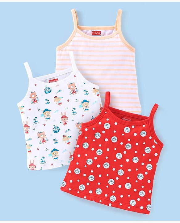 Babyhug 100% Cotton Knit Sleeveless Striped Slips Teddy Print Pack of 3 - Red Pink & White