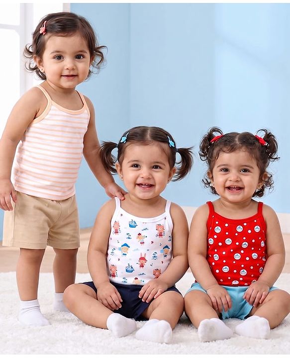 Babyhug 100% Cotton Knit Sleeveless Striped Slips Teddy Print Pack of 3 - Red Pink & White