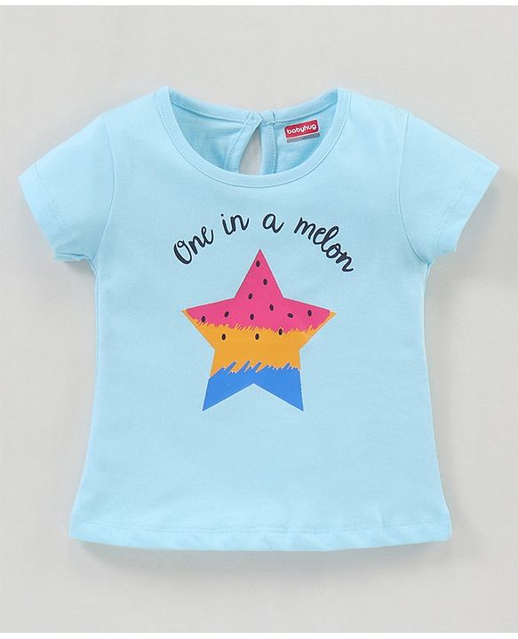 Babyhug 100%Cotton Knit Half Sleeves Top Star Melon Graphic Print - Blue