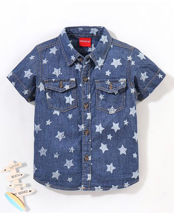Babyhug 100% Cotton Half Sleeve Washed Denim Two Pocket Shirt Stars Print - Blue