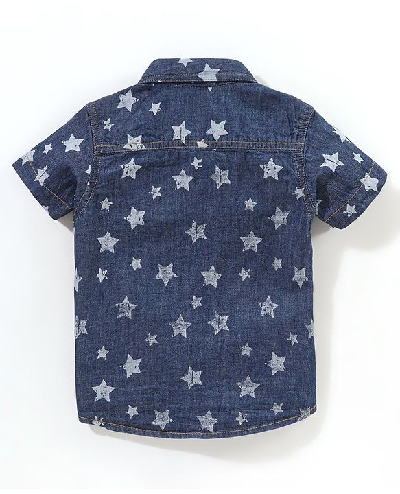 Babyhug 100% Cotton Half Sleeve Washed Denim Two Pocket Shirt Stars Print - Blue