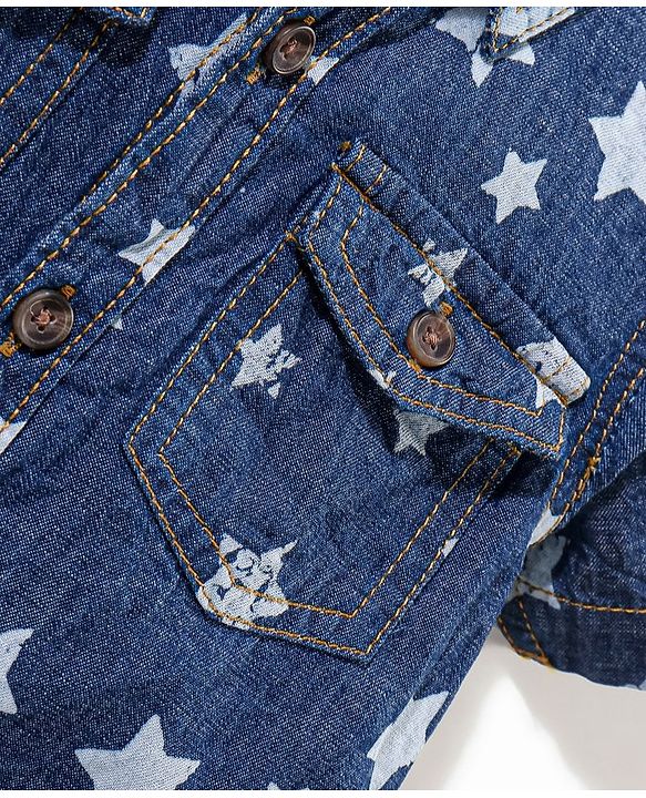Babyhug 100% Cotton Half Sleeve Washed Denim Two Pocket Shirt Stars Print - Blue