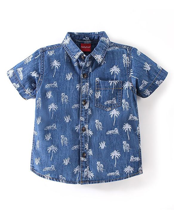 Babyhug 100% Cotton Woven Half Sleeves Washed Denim Shirt Tiger Print - Blue