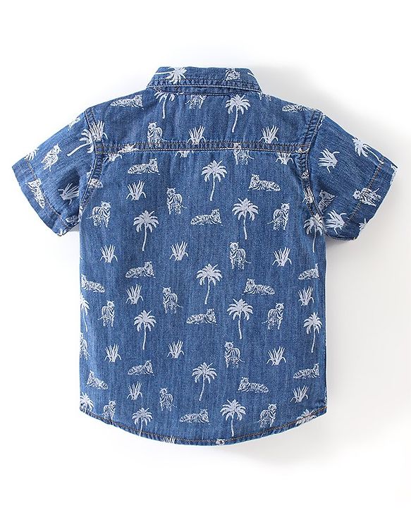 Babyhug 100% Cotton Woven Half Sleeves Washed Denim Shirt Tiger Print - Blue