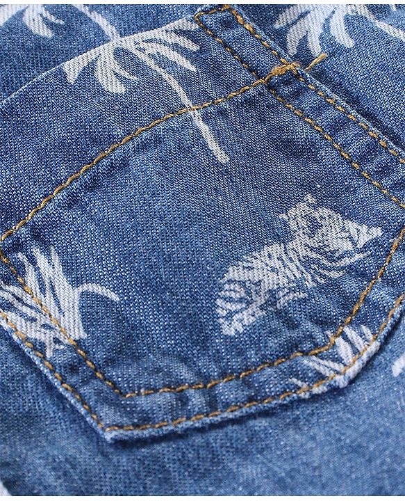 Babyhug 100% Cotton Woven Half Sleeves Washed Denim Shirt Tiger Print - Blue