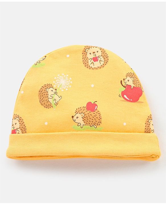 Babyhug 100% Cotton Cap Mittens & Booties With Porcupine Print -Yellow