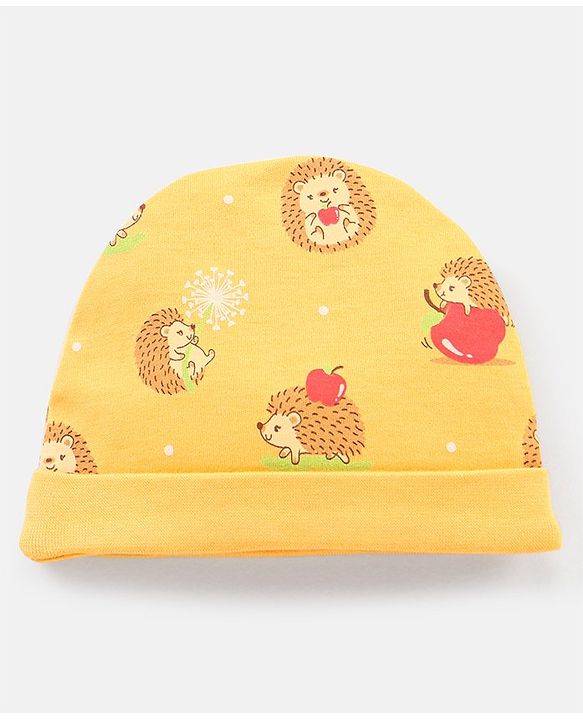 Babyhug 100% Cotton Cap Mittens & Booties With Porcupine Print -Yellow