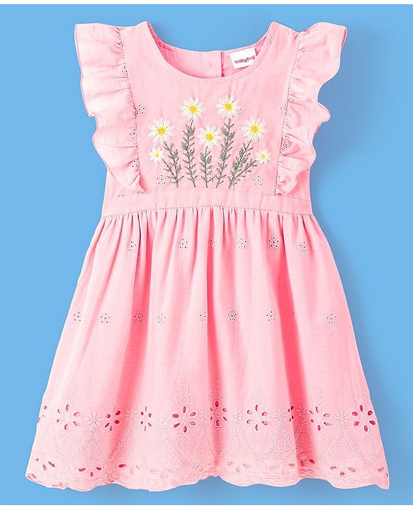 Babyhug 100% Cotton Half Sleeves Frock with Cotton Lining Schiffli & Floral Embroidery - Pink