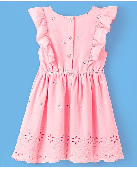 Babyhug 100% Cotton Half Sleeves Frock with Cotton Lining Schiffli & Floral Embroidery - Pink