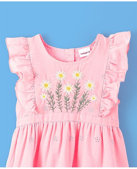 Babyhug 100% Cotton Half Sleeves Frock with Cotton Lining Schiffli & Floral Embroidery - Pink