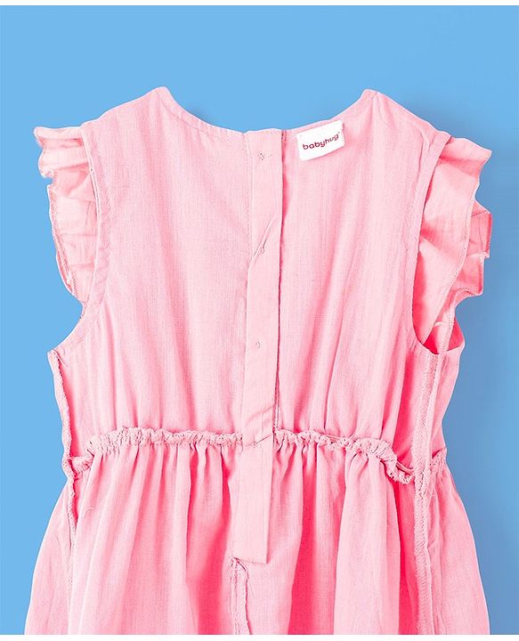 Babyhug 100% Cotton Half Sleeves Frock with Cotton Lining Schiffli & Floral Embroidery - Pink