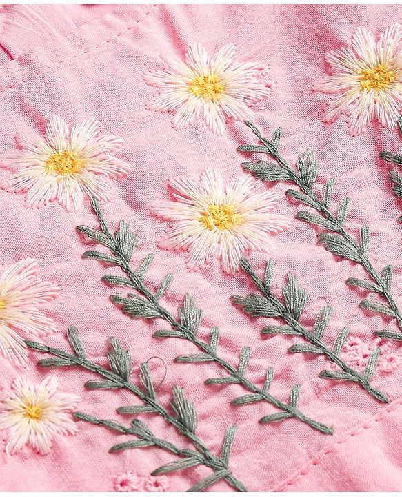 Babyhug 100% Cotton Half Sleeves Frock with Cotton Lining Schiffli & Floral Embroidery - Pink