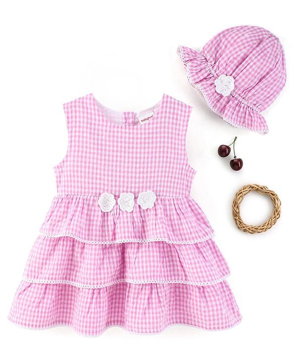 Babyhug Yarndyed Sleeveless  Checked & Embroidery Detailing Layered Frock with Cap - Pink
