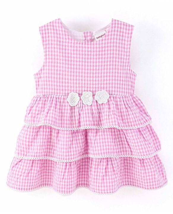 Babyhug Yarndyed Sleeveless  Checked & Embroidery Detailing Layered Frock with Cap - Pink
