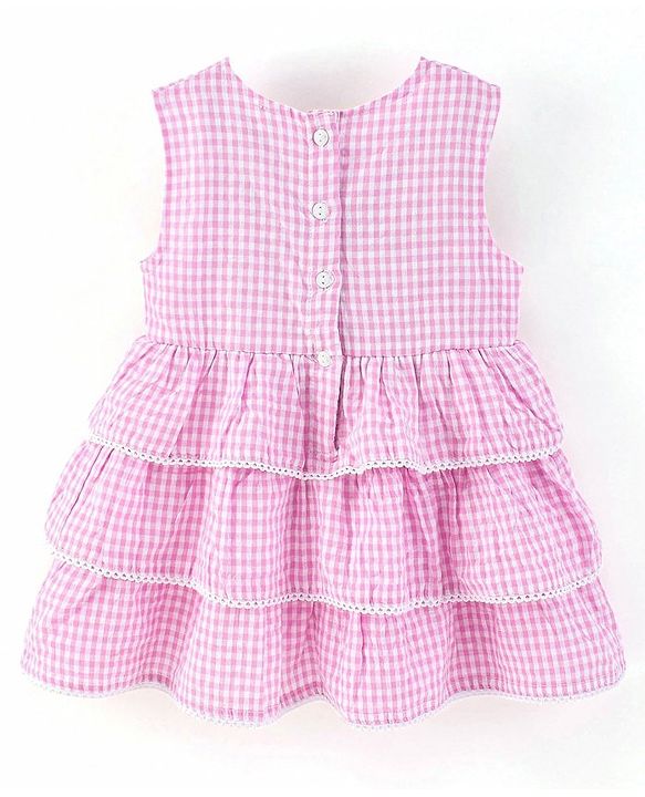 Babyhug Yarndyed Sleeveless  Checked & Embroidery Detailing Layered Frock with Cap - Pink