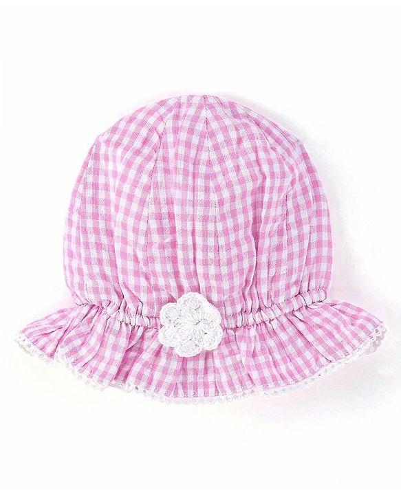 Babyhug Yarndyed Sleeveless  Checked & Embroidery Detailing Layered Frock with Cap - Pink