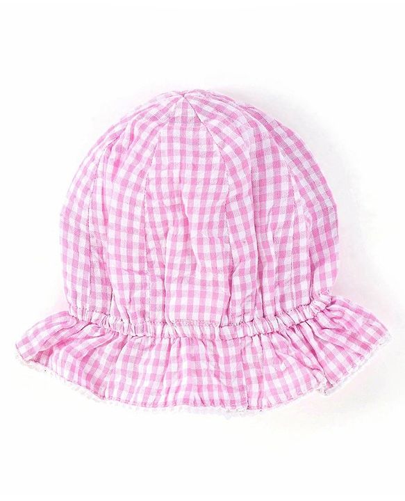Babyhug Yarndyed Sleeveless  Checked & Embroidery Detailing Layered Frock with Cap - Pink