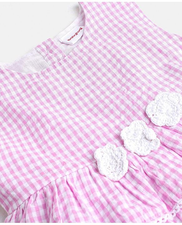 Babyhug Yarndyed Sleeveless  Checked & Embroidery Detailing Layered Frock with Cap - Pink