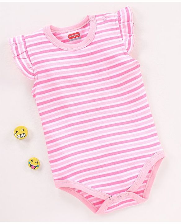 Babyhug 100% Cotton Half Cap Sleeves Stripe Onesie - Pink