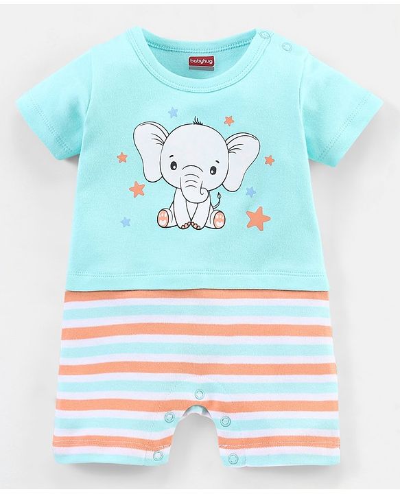 Babyhug 100% Cotton Knit Half Sleeves Striped Romper Elephant Print - Blue