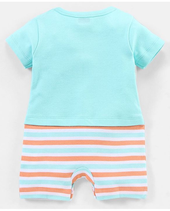 Babyhug 100% Cotton Knit Half Sleeves Striped Romper Elephant Print - Blue