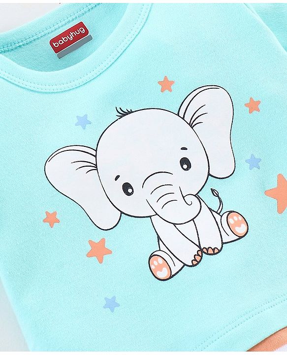 Babyhug 100% Cotton Knit Half Sleeves Striped Romper Elephant Print - Blue