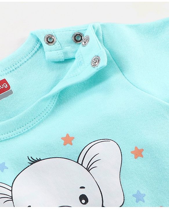 Babyhug 100% Cotton Knit Half Sleeves Striped Romper Elephant Print - Blue