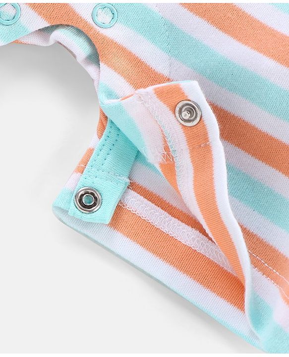 Babyhug 100% Cotton Knit Half Sleeves Striped Romper Elephant Print - Blue