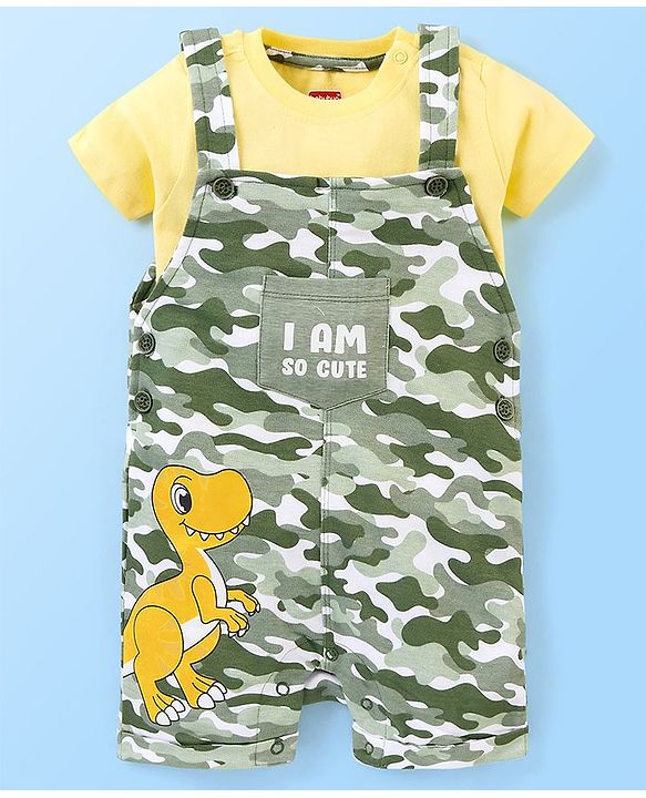 Babyhug 100% Cotton Half Sleeves Tee & Dungaree Set Camo & Dino Print- Yellow & Green